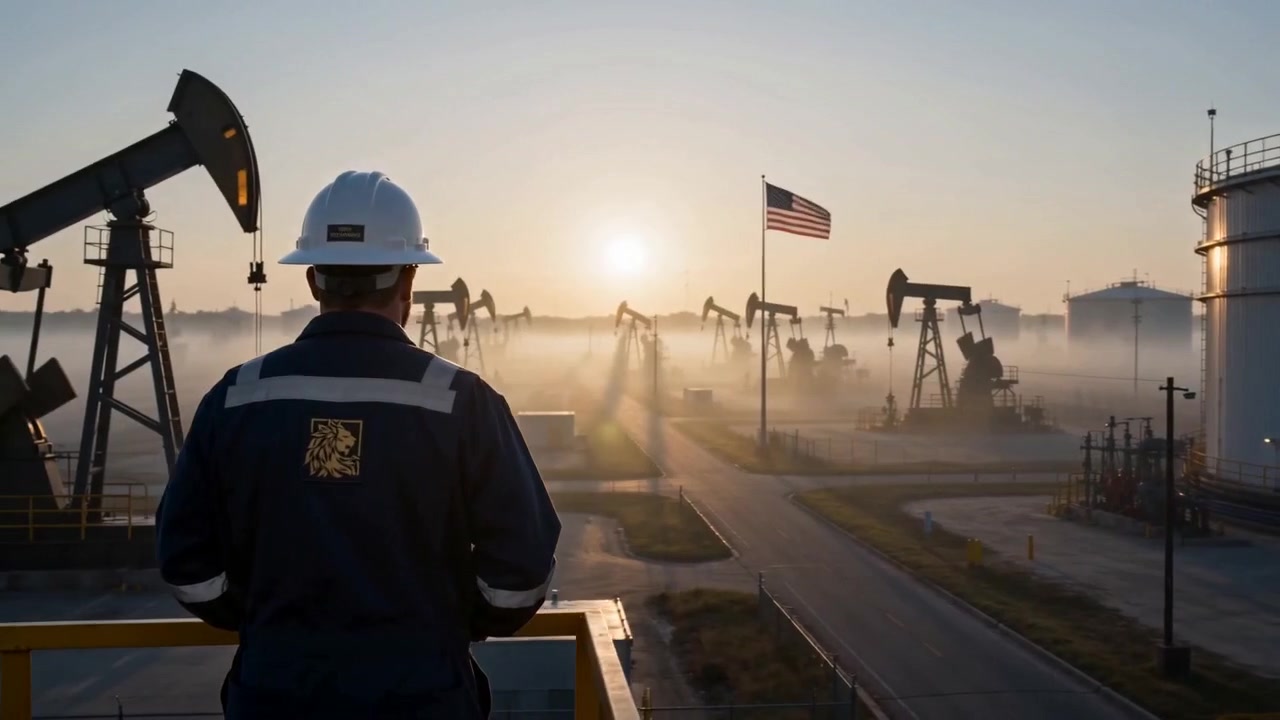 Energy field professional overseeing oil production at sunrise