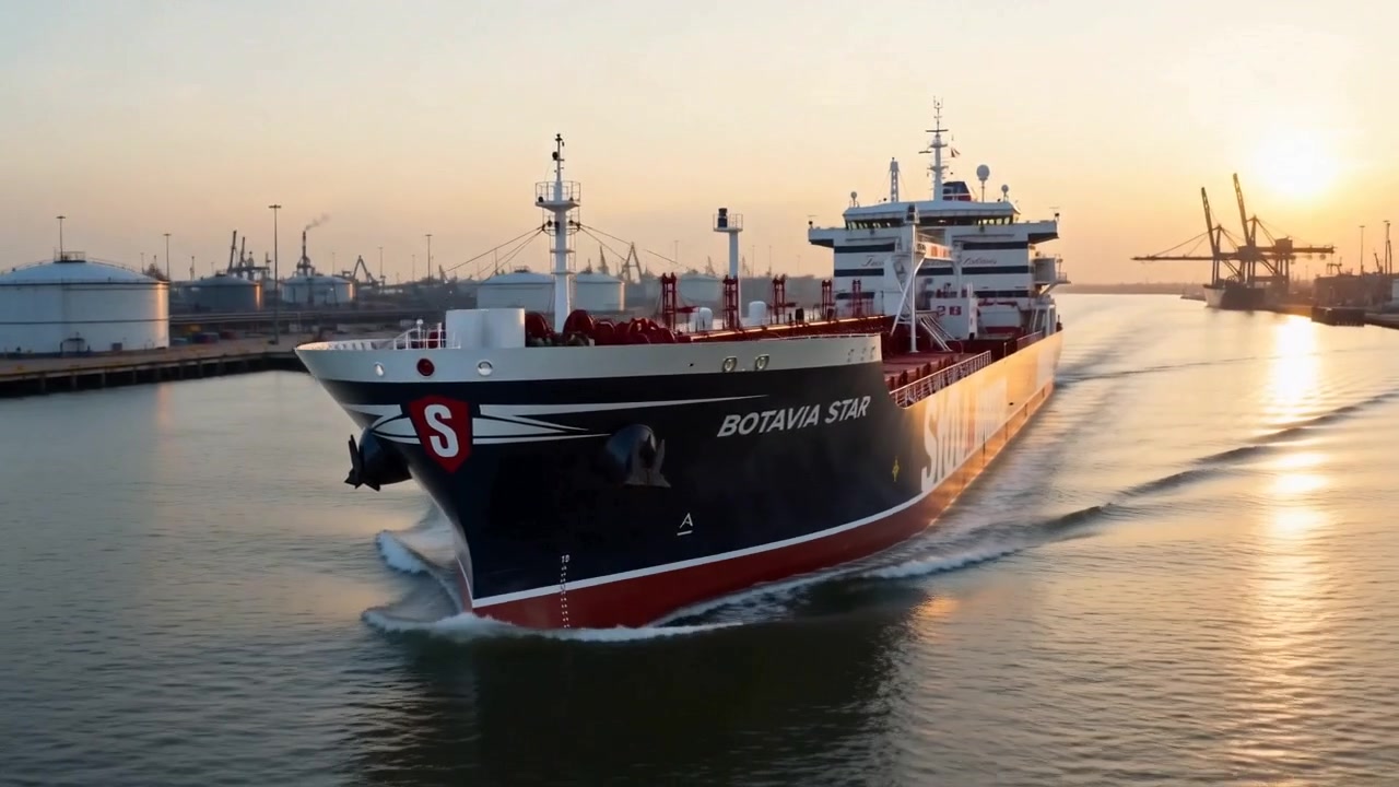 Marine tanker vessel operating near a port at sunset