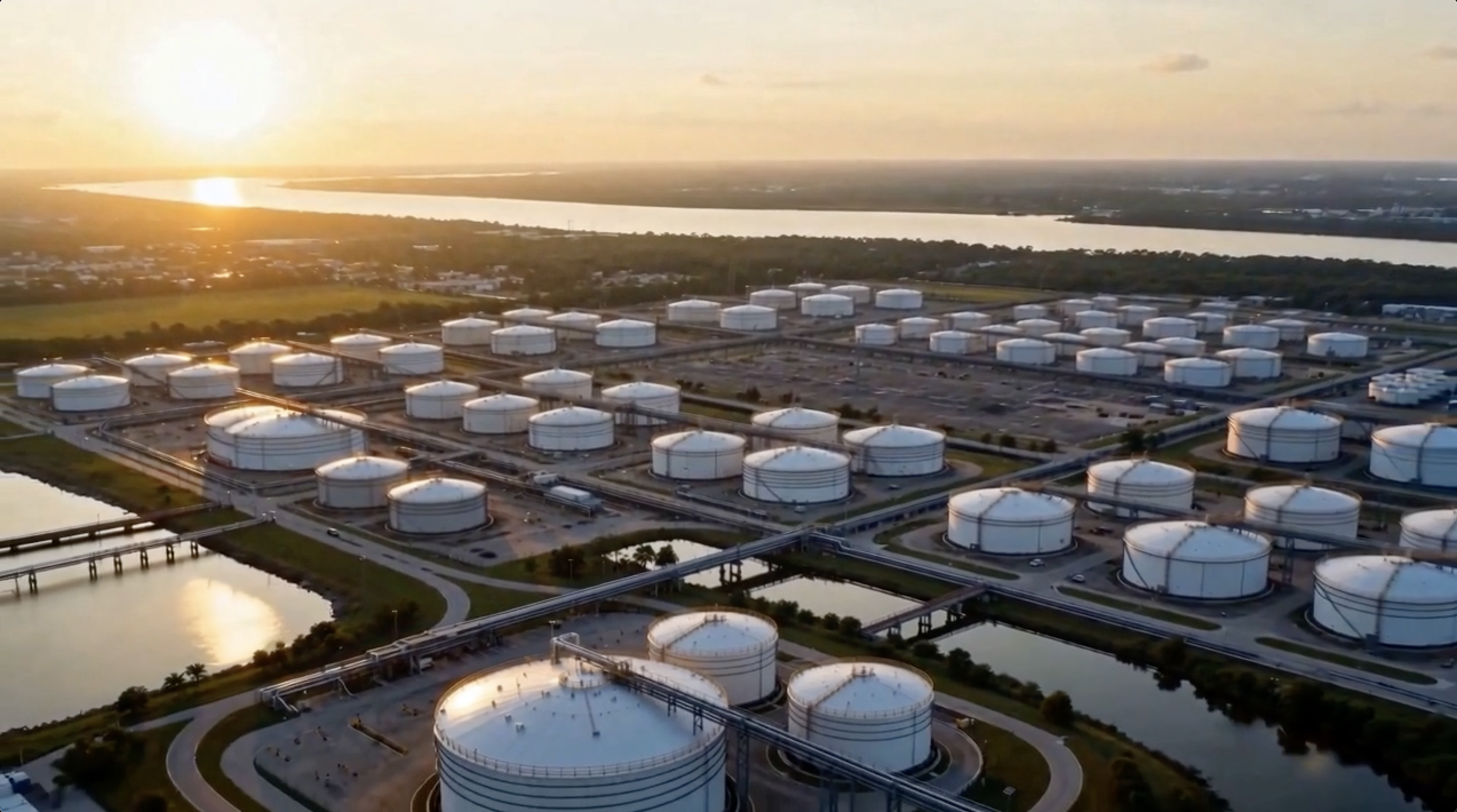 Petroleum storage terminal at sunset